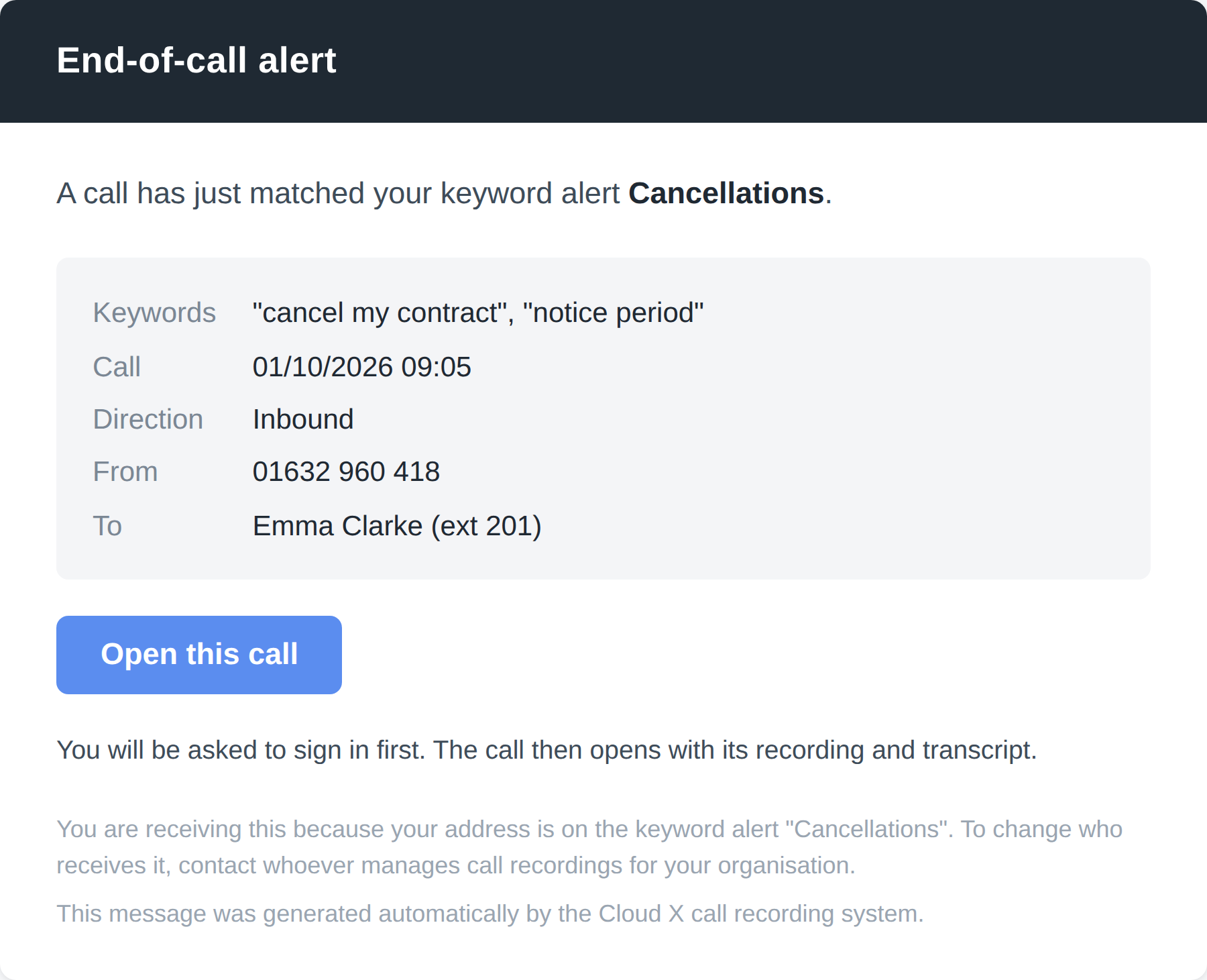 Priority keyword alert email showing the words heard, call time, direction, caller and extension, with an Open this call button