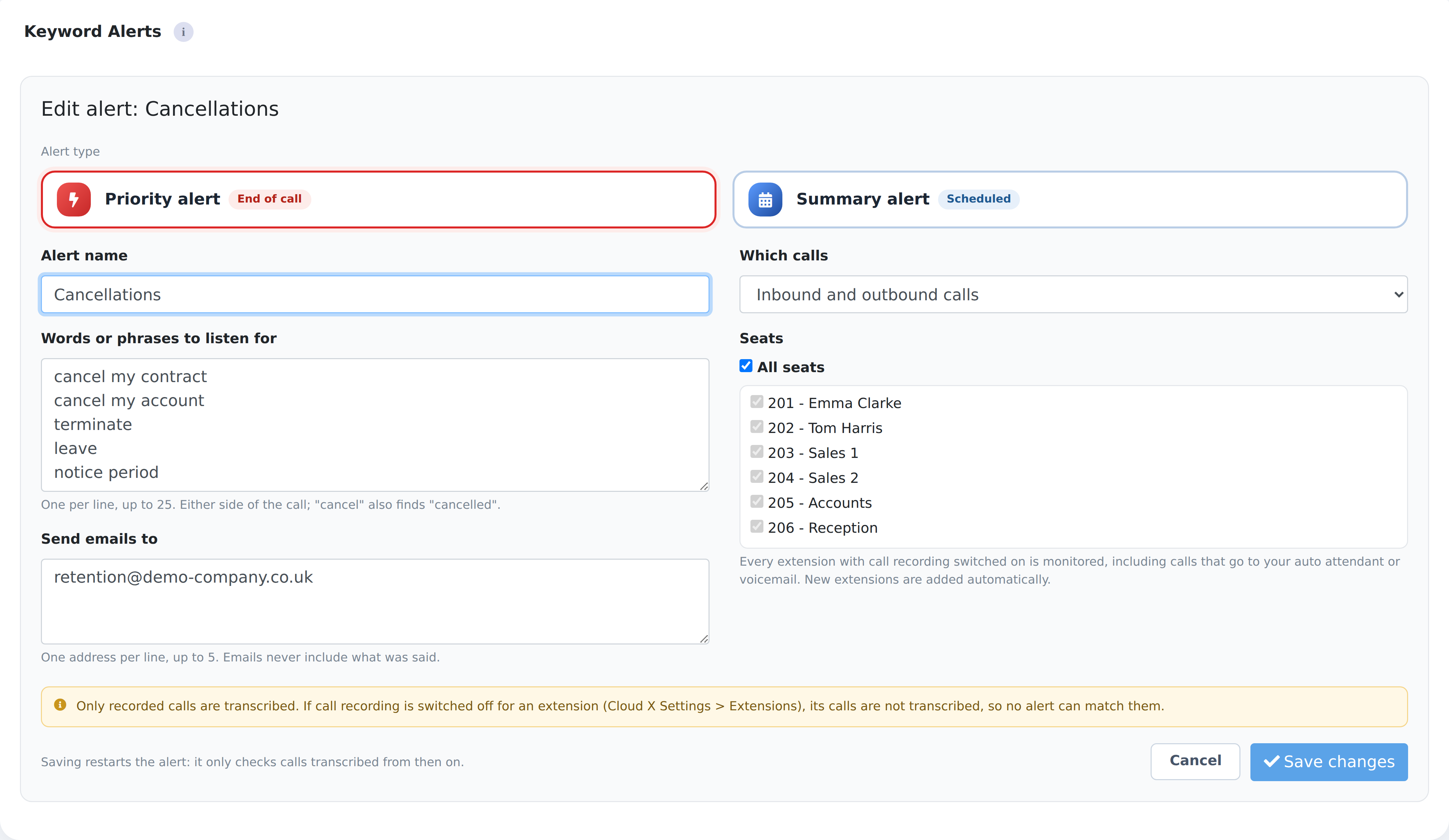 Editing a priority keyword alert: words to listen for, who to email and which extensions