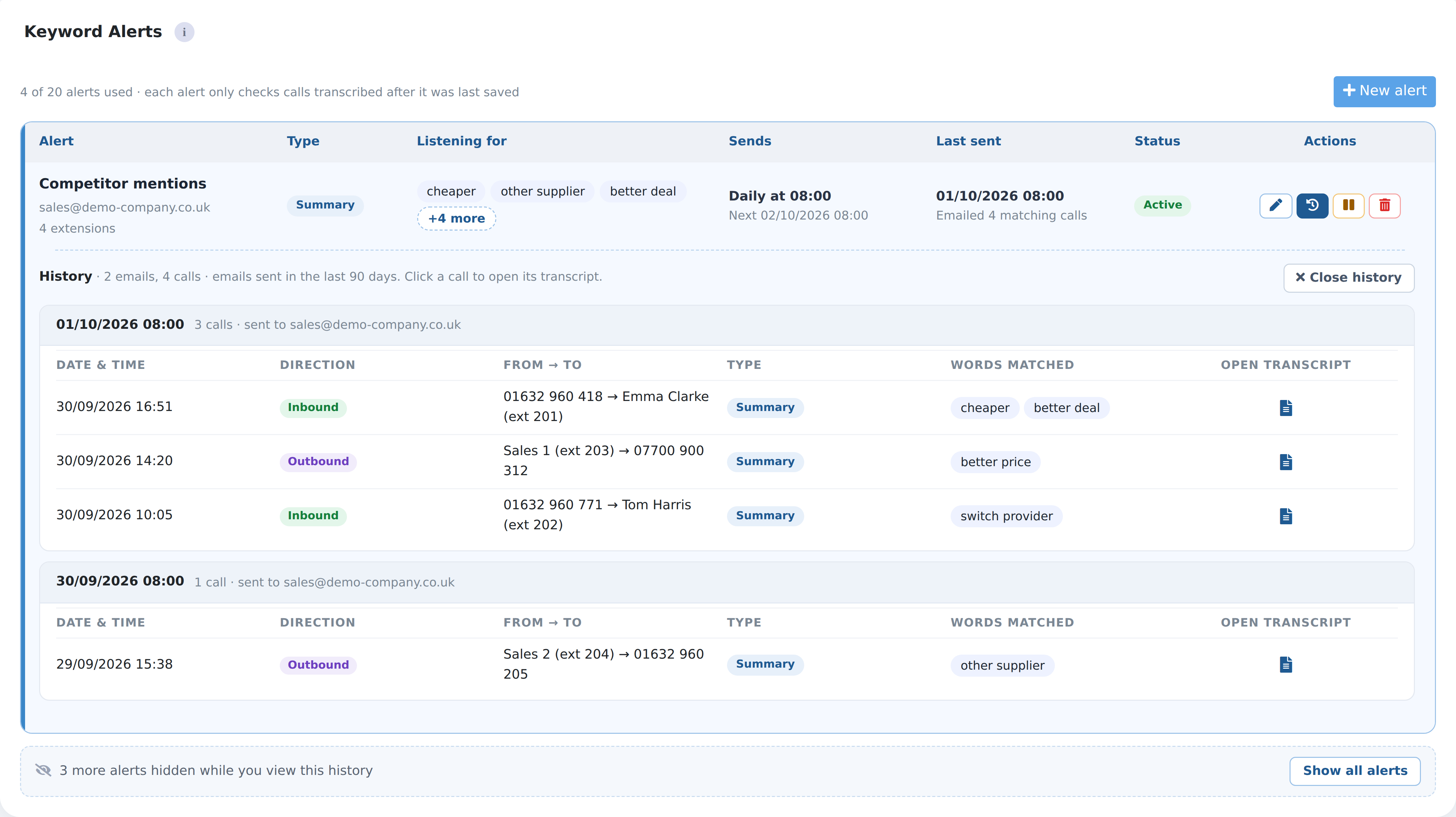 Keyword alert history showing the emails sent and the matched calls with links to their transcripts