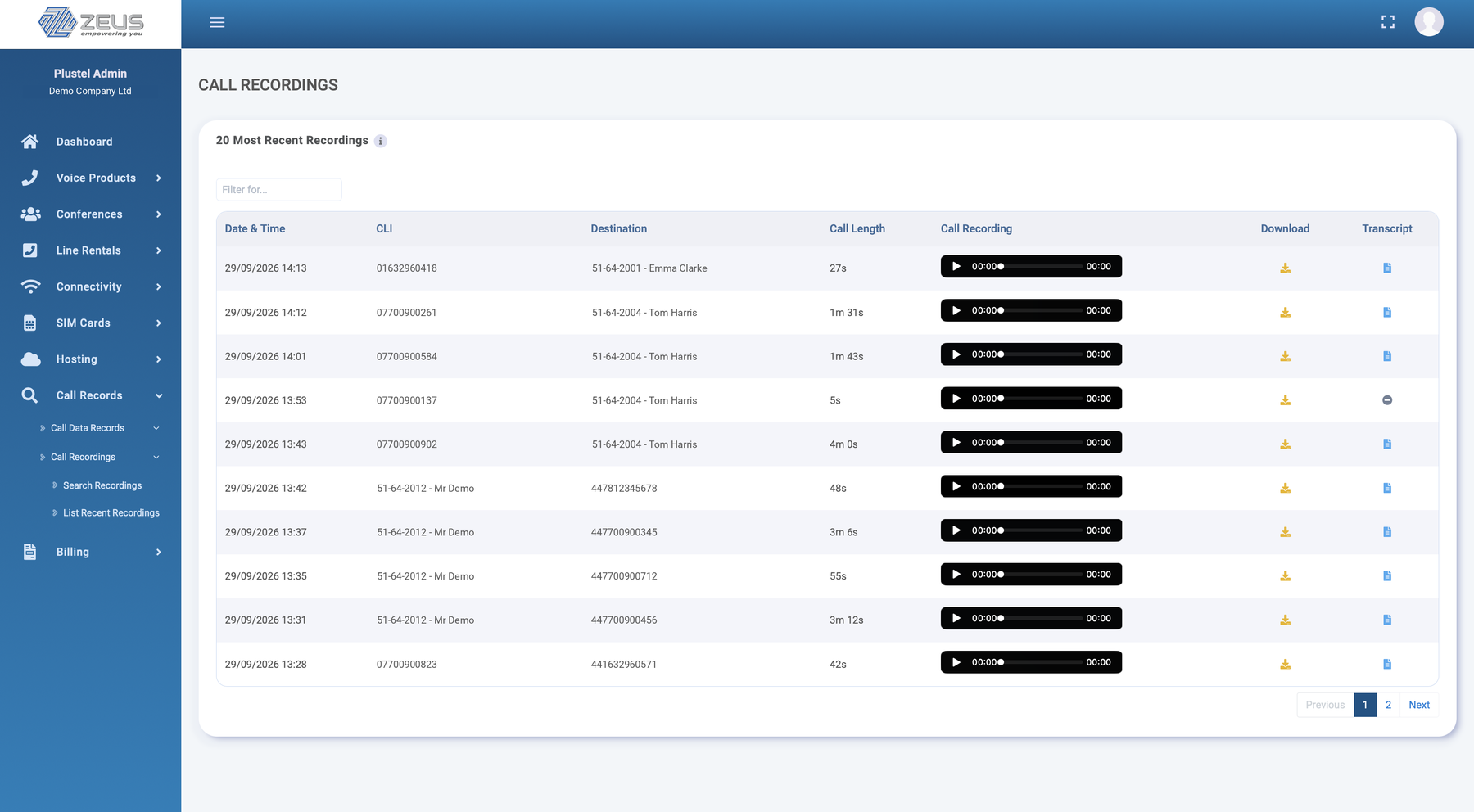 Call Recordings in the Zeus portal with a transcript icon on every recording