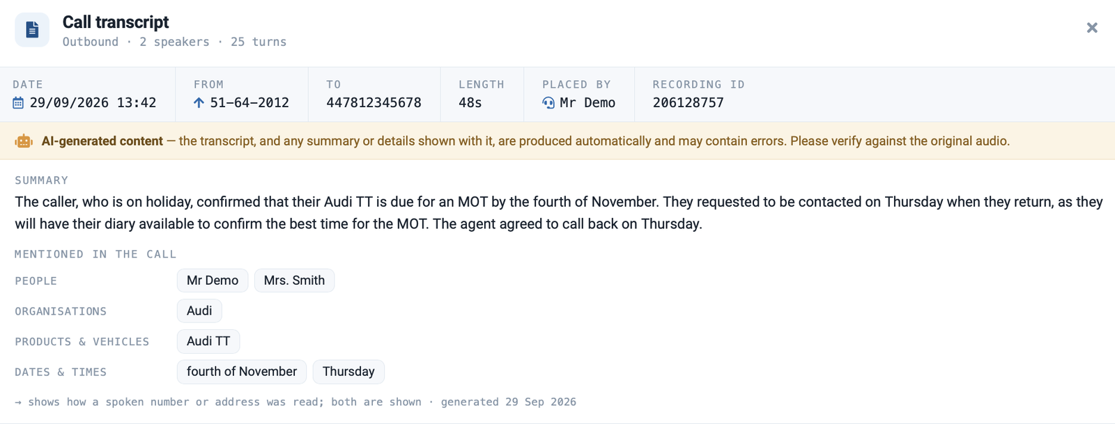 AI call summary with people, organisations, products and dates mentioned