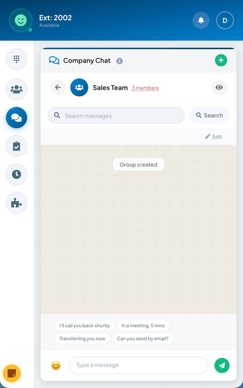 X-Web compact popup showing the Sales Team group chat with quick reply suggestions